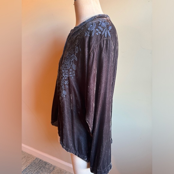 Johnny Was Storm Grey Silk Velvet Button Up Blouse - Picture 5 of 6